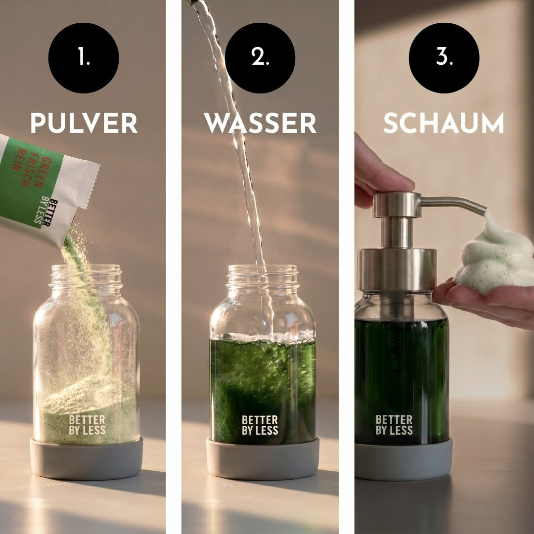 3 Schritt Anleitung - PUlver und Wasser mischen und Schaum erhalten