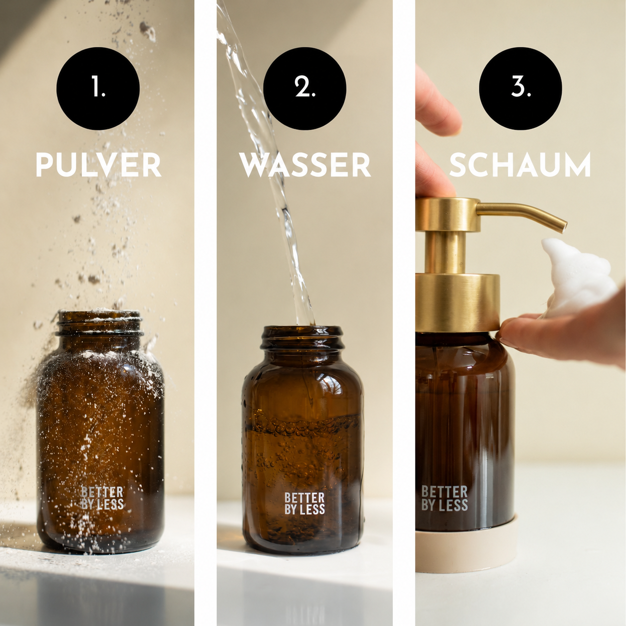 Dreiteiliges Step-by-Step-Bild zur Anwendung der Better by Less Pulverschaumseife: Pulver in eine Braunglasflasche geben, mit Wasser auffüllen und mit gebürstetem goldenen Pumpspender cremigen Schaum dosieren.